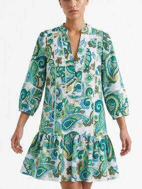 Loft Green & Blue Paisley V-Neck Swing Dress XS